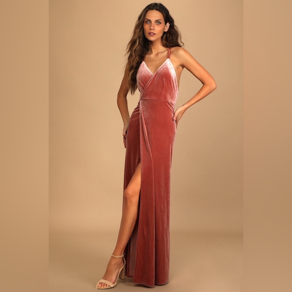 NWT Lulus Whimsical Romance Mauve Velvet Faux Wrap Maxi Dress size small